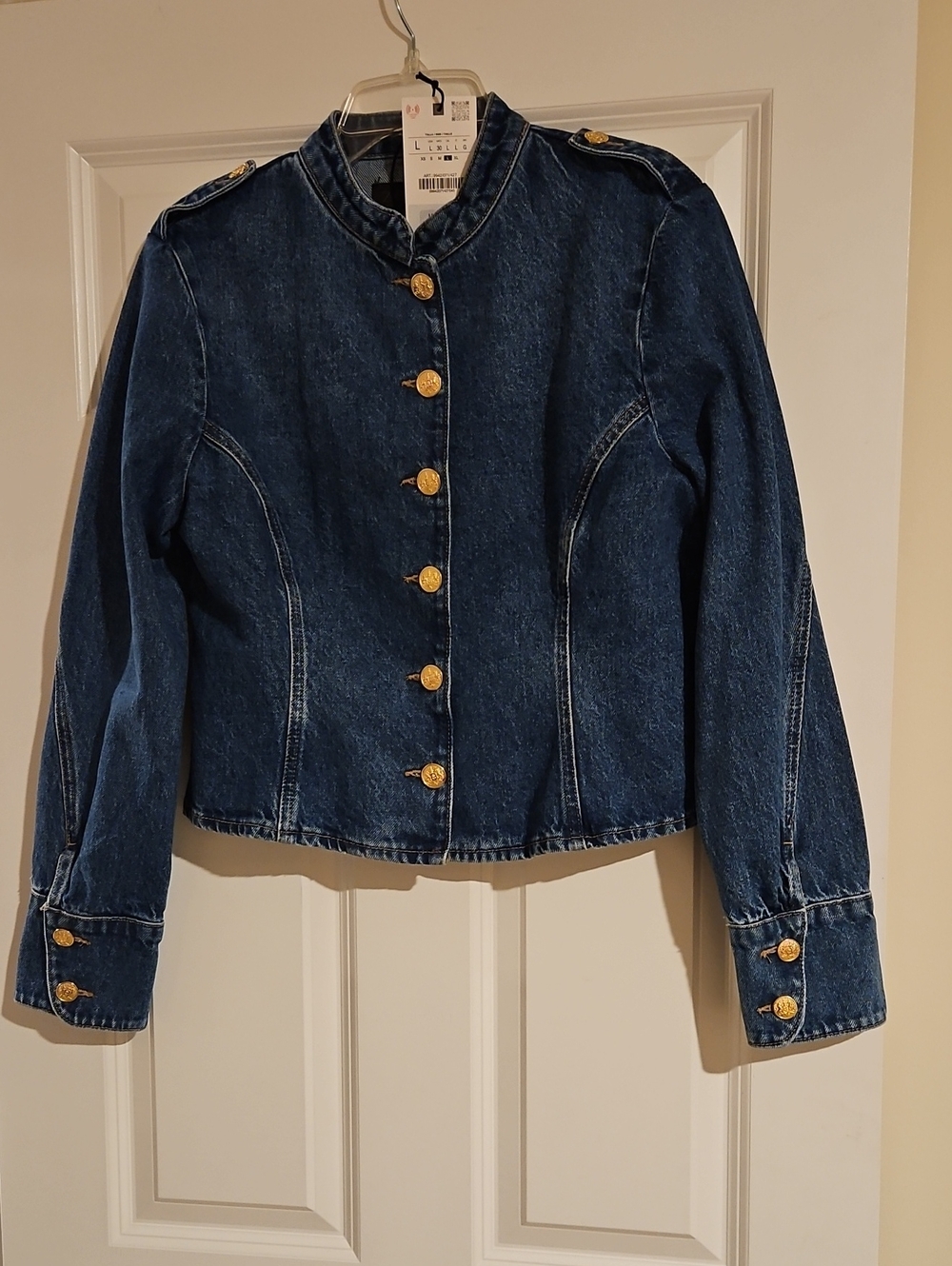 Zara Denim Military-Style Jacket - Blue , Fitted